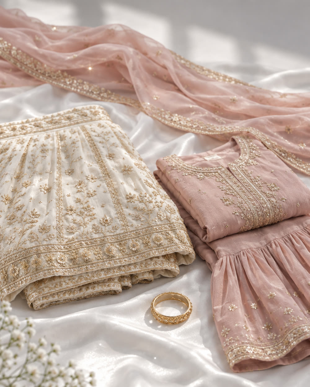 Embroidered lehenga and sharara with a blush dupatta