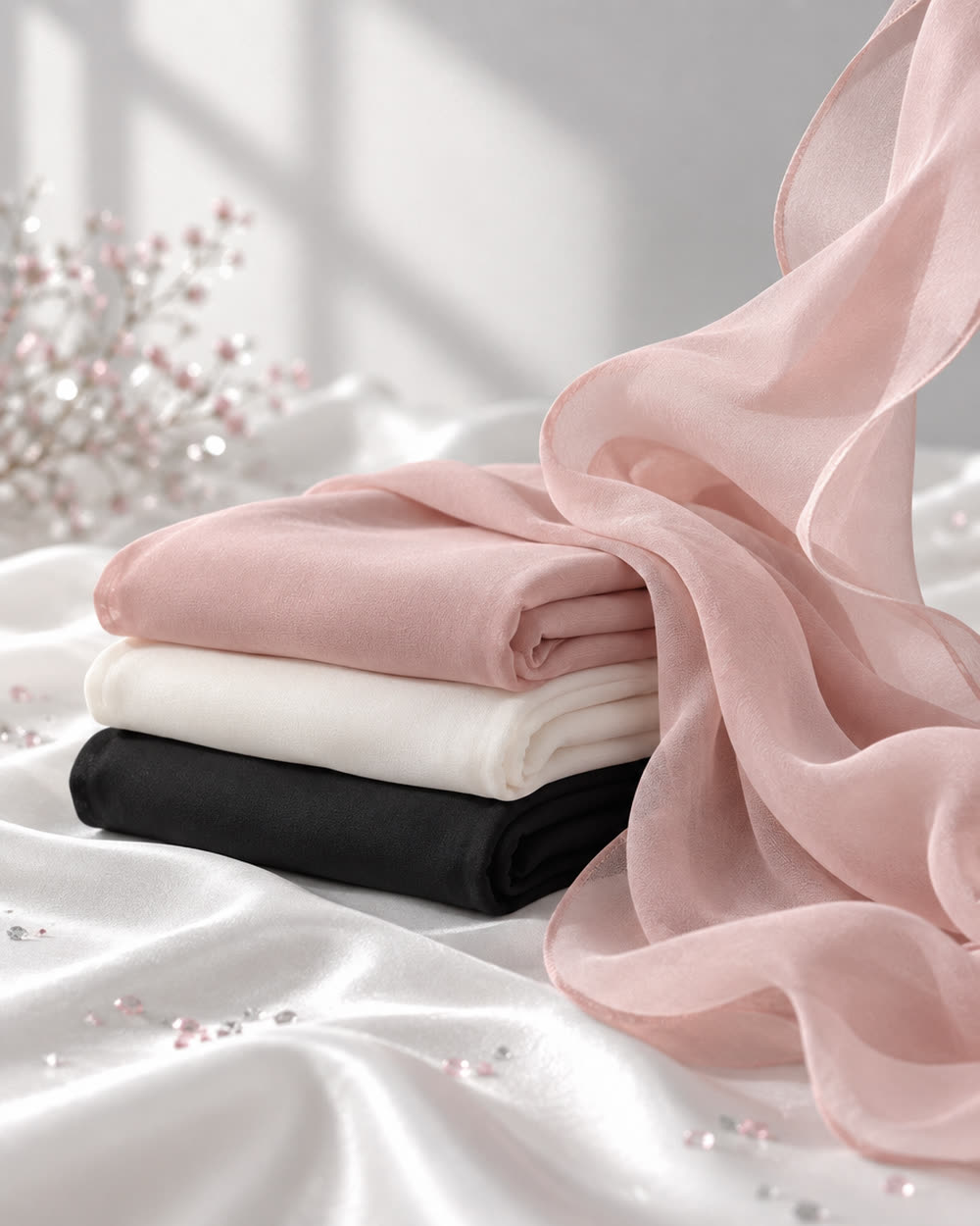 Folded chiffon hijabs in blush, ivory and black